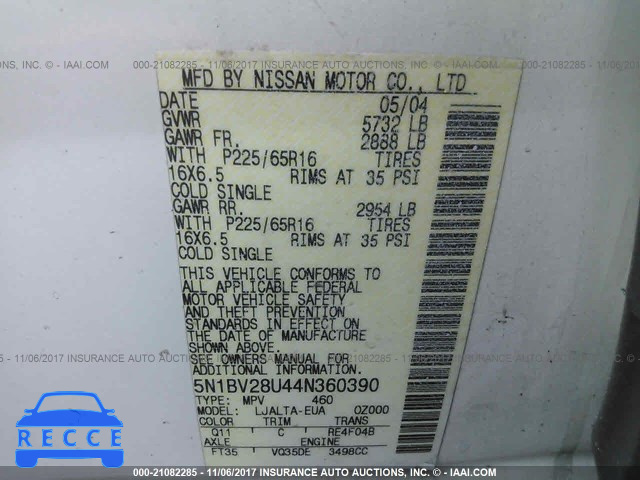 2004 Nissan Quest S/SE/SL 5N1BV28U44N360390 image 8