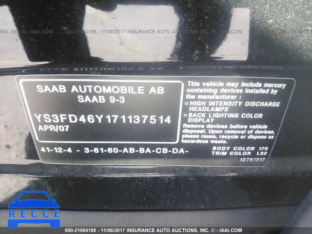 2007 Saab 9-3 2.0T YS3FD46Y171137514 зображення 8