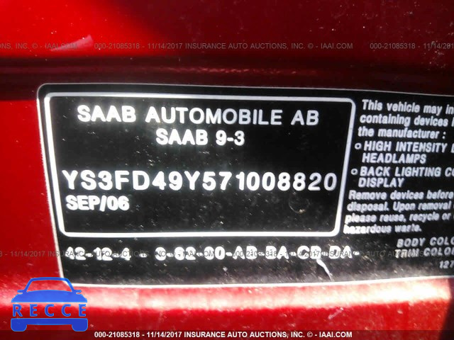 2007 Saab 9-3 2.0T YS3FD49Y571008820 зображення 8