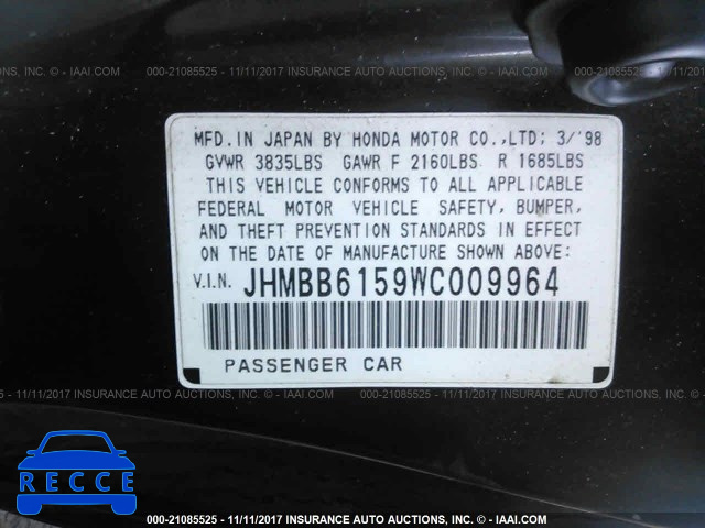 1998 HONDA PRELUDE SH JHMBB6159WC009964 зображення 8