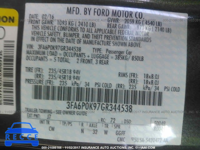 2016 Ford Fusion 3FA6P0K97GR344538 зображення 8