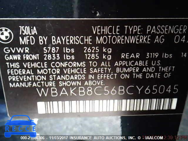 2011 BMW 750 WBAKB8C56BCY65045 зображення 8