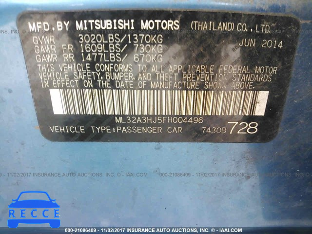 2015 Mitsubishi Mirage ML32A3HJ5FH004496 зображення 8