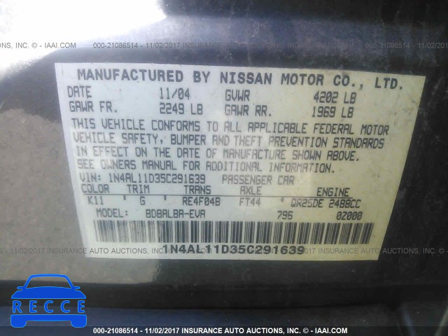 2005 NISSAN ALTIMA 1N4AL11D35C291639 Bild 8