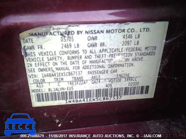 2005 Nissan Maxima 1N4BA41EX5C867537 Bild 8