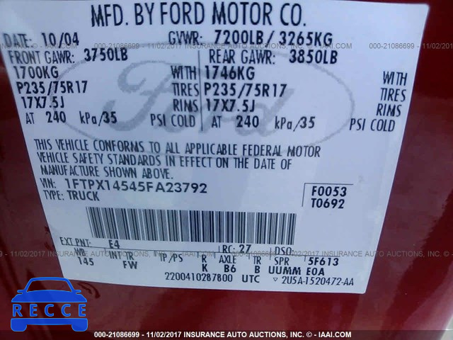 2005 Ford F150 1FTPX14545FA23792 зображення 8