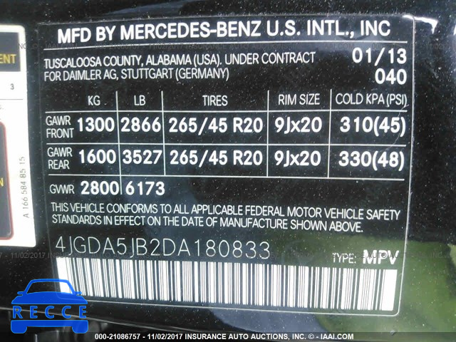 2013 Mercedes-benz ML 4JGDA5JB2DA180833 зображення 8