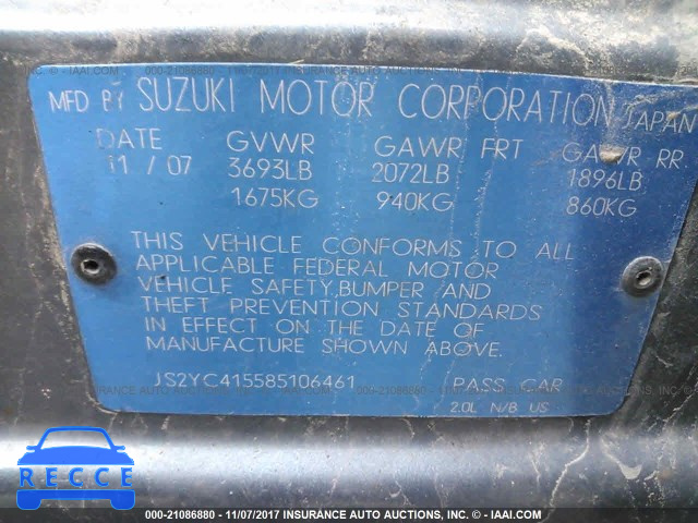 2008 Suzuki SX4 CONVENIENCE/TOURING JS2YC415585106461 зображення 8