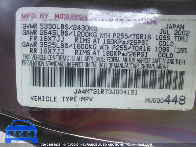 2003 Mitsubishi Montero JA4MT31R73J004191 зображення 8