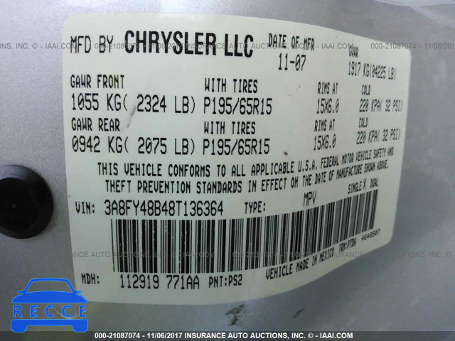 2008 Chrysler PT Cruiser 3A8FY48B48T136364 зображення 8