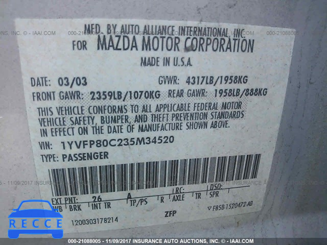 2003 Mazda 6 I 1YVFP80C235M34520 зображення 8