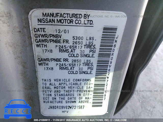 2002 NISSAN PATHFINDER LE/SE JN8DR09Y62W721587 image 8