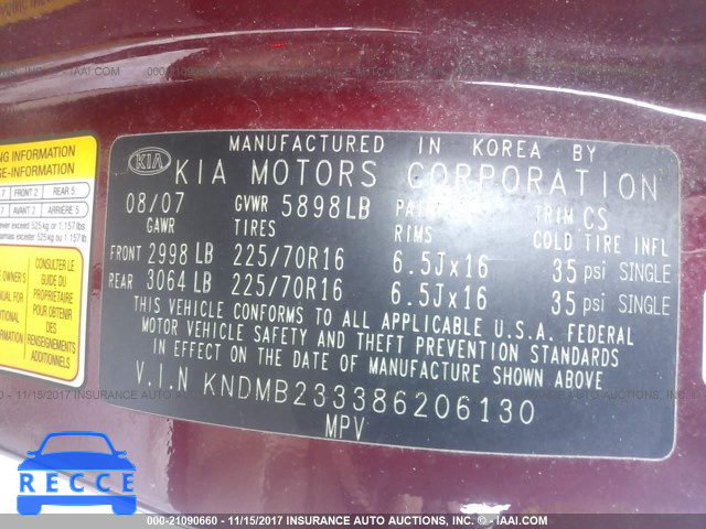 2008 KIA Sedona EX/LX KNDMB233386206130 image 8