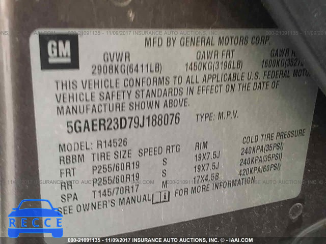 2009 Buick Enclave CXL 5GAER23D79J188076 image 8