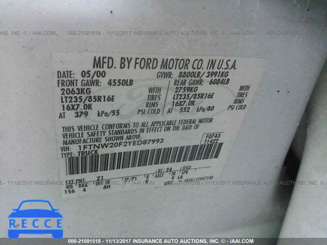 2000 Ford F250 SUPER DUTY 1FTNW20F2YED87993 image 8