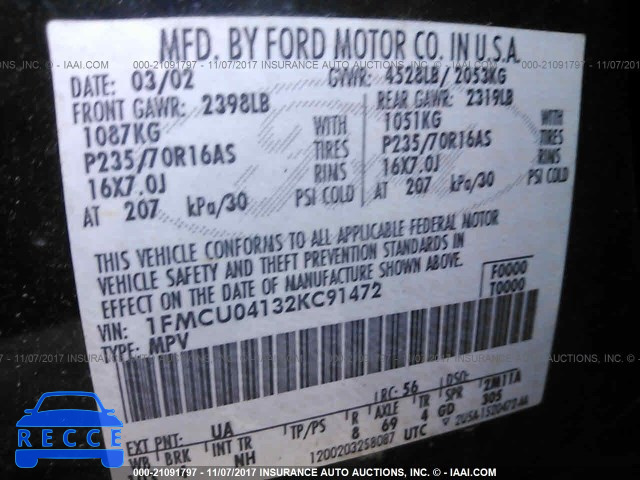 2002 FORD ESCAPE XLT 1FMCU04132KC91472 image 8