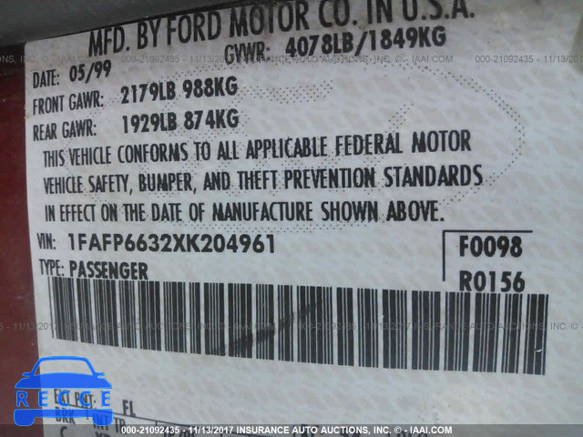 1999 Ford Contour SE 1FAFP6632XK204961 зображення 8