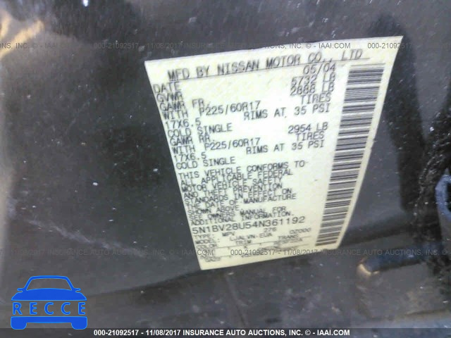 2004 Nissan Quest S/SE/SL 5N1BV28U54N361192 Bild 8