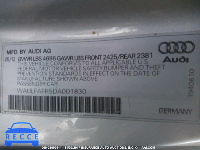 2013 Audi A5 PREMIUM PLUS WAULFAFR5DA001830 зображення 8