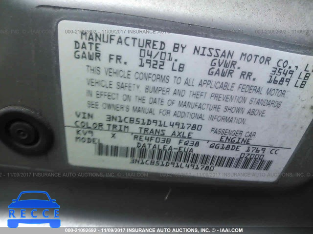 2001 Nissan Sentra XE/GXE 3N1CB51D91L491780 image 8