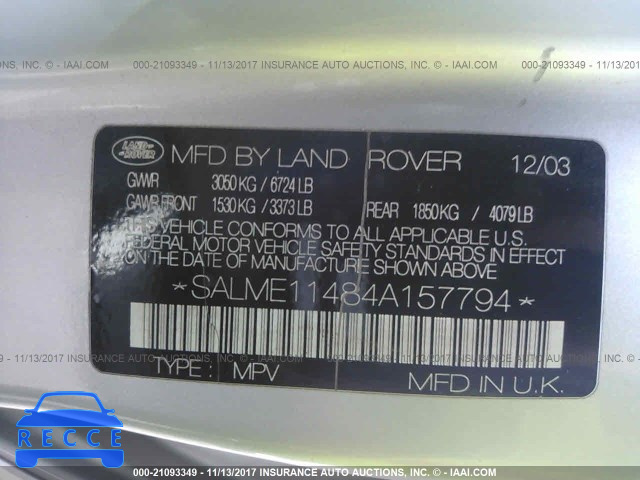 2004 Land Rover Range Rover HSE SALME11484A157794 image 8