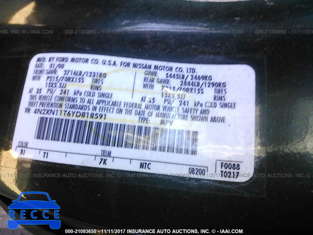 2000 Nissan Quest SE/GLE/GXE 4N2XN11T6YD818591 image 8