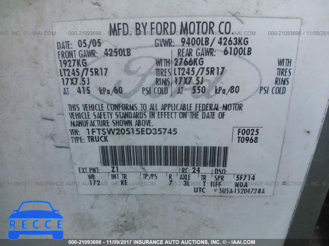 2005 FORD F250 SUPER DUTY 1FTSW20515ED35745 image 8