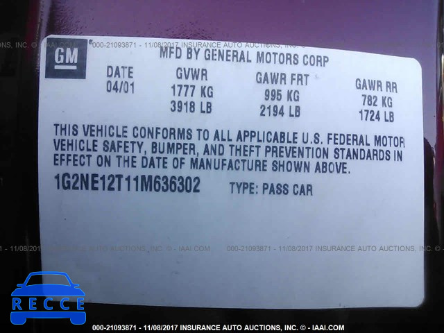 2001 Pontiac Grand Am SE 1G2NE12T11M636302 image 8