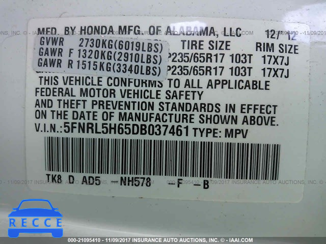 2013 HONDA ODYSSEY EXL 5FNRL5H65DB037461 image 8