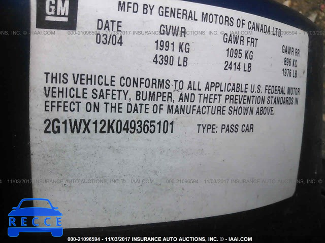 2004 Chevrolet Monte Carlo 2G1WX12K049365101 зображення 8