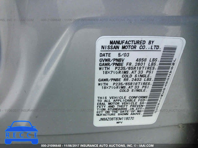 2003 Nissan Murano SL/SE JN8AZ08T83W118070 Bild 8