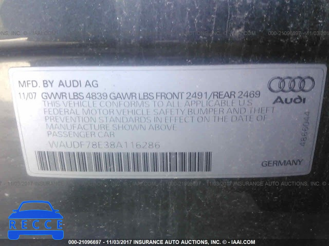 2008 Audi A4 2.0T QUATTRO WAUDF78E38A116286 зображення 8