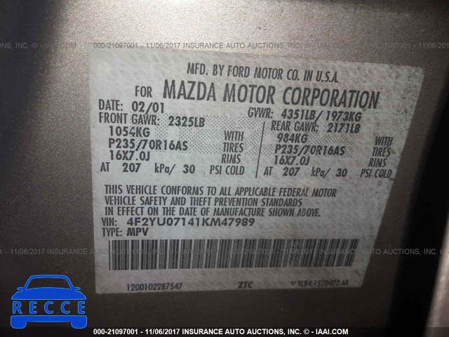 2001 Mazda Tribute DX 4F2YU07141KM47989 image 8