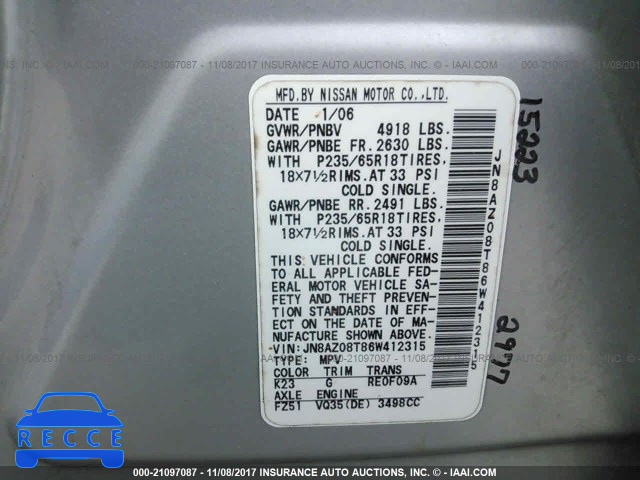 2006 Nissan Murano SL/SE/S JN8AZ08T86W412315 image 8