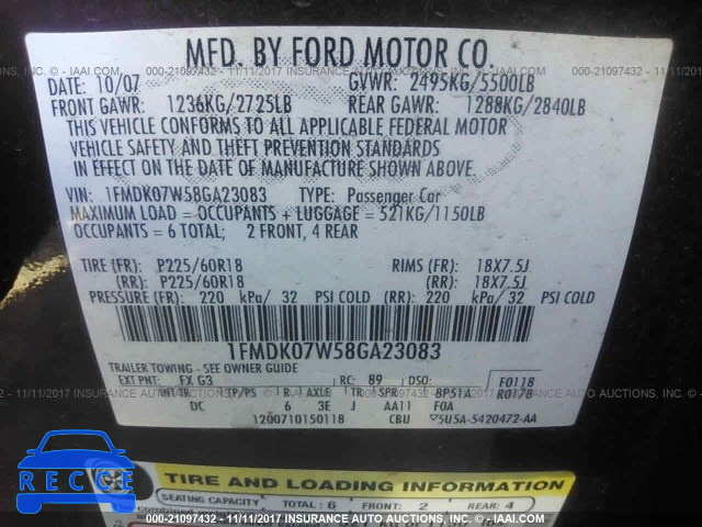 2008 Ford Taurus X EDDIE BAUER 1FMDK07W58GA23083 image 8