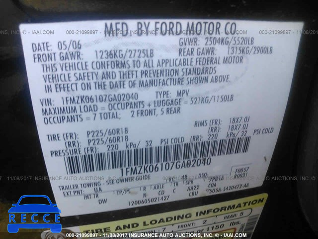 2007 FORD FREESTYLE LIMITED 1FMZK06107GA02040 image 8