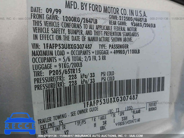 1999 Ford Taurus SE 1FAFP53U8XG307487 image 8