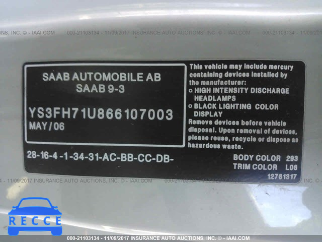 2006 Saab 9-3 AERO YS3FH71U866107003 image 8