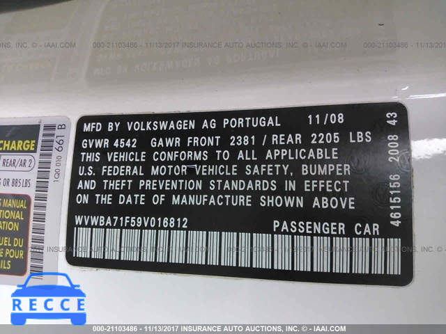 2009 Volkswagen EOS TURBO/KOMFORT WVWBA71F59V016812 зображення 8