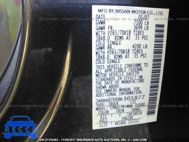 2008 Nissan Titan XE/SE/LE 1N6BA07D98N305877 зображення 8