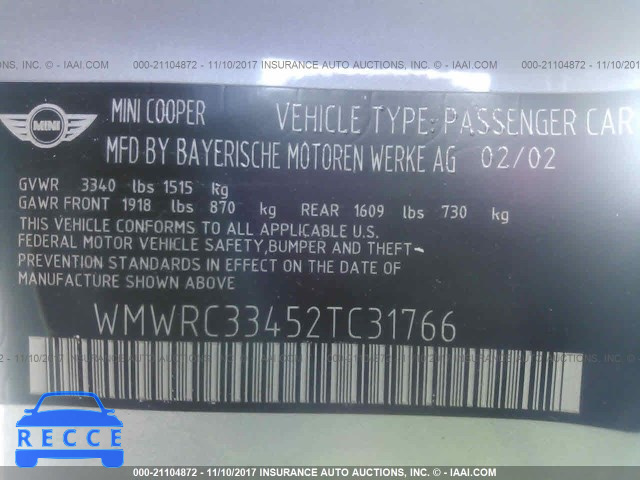 2002 Mini Cooper WMWRC33452TC31766 image 8