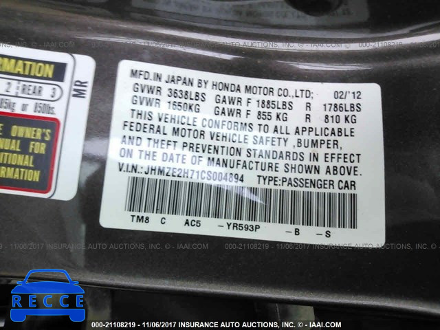 2012 HONDA INSIGHT EX JHMZE2H71CS004894 image 8