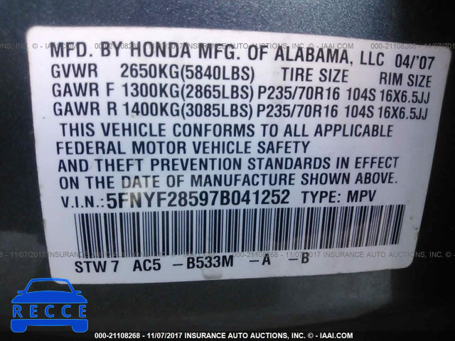 2007 Honda Pilot EXL 5FNYF28597B041252 image 8