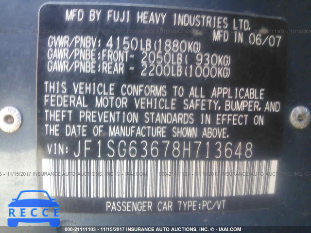 2008 SUBARU Forester 2.5X JF1SG63678H713648 image 8