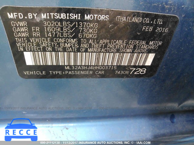 2017 MITSUBISHI MIRAGE ES ML32A3HJ4HH003715 зображення 8