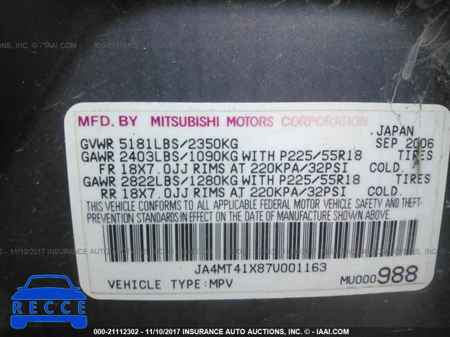 2007 Mitsubishi Outlander XLS JA4MT41X87U001163 image 8