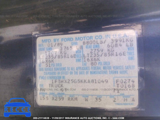 1989 Ford F250 1FTHX25G5KKA81049 image 8