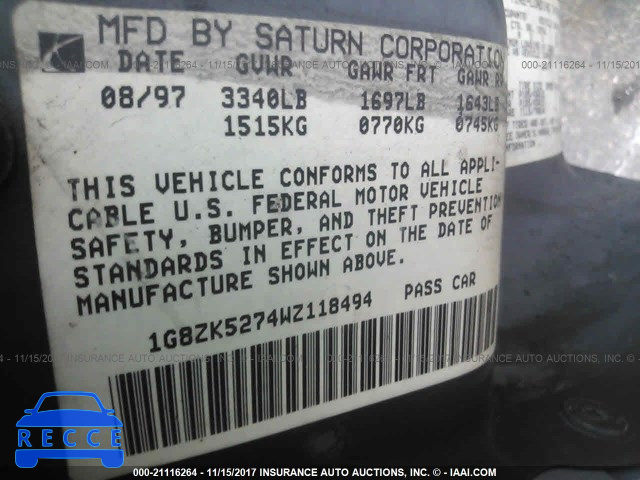 1998 Saturn SL2 1G8ZK5274WZ118494 image 8