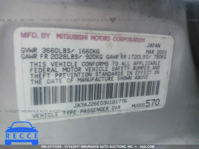 2003 Mitsubishi Lancer ES JA3AJ26E03U101776 image 8