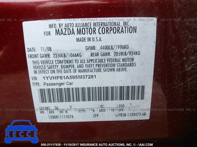 2009 Mazda 6 I 1YVHP81A595M37281 зображення 8